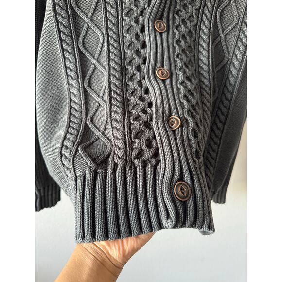 LL Bean Mens Signature Fisherman Cable Knit Sweater Cardigan Charcoal Gray MED - Picture 12 of 16